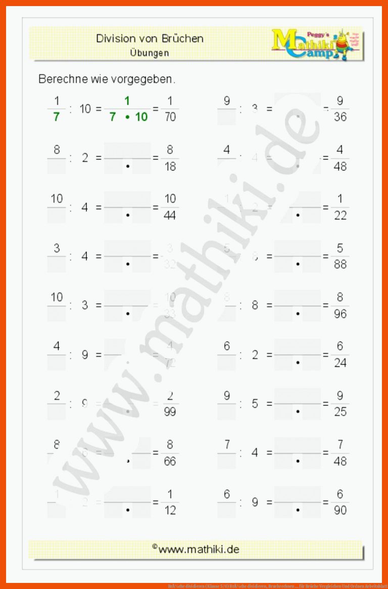 BrÃ¼che Dividieren (klasse 5/6) BrÃ¼che Dividieren, Bruchrechnen ... Fuer Brüche Vergleichen Und ordnen Arbeitsblatt