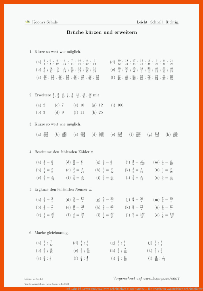 BrÃ¼che kÃ¼rzen und erweitern | Arbeitsblatt #0607 | Mathe ... für erweitern von brüchen arbeitsblätter
