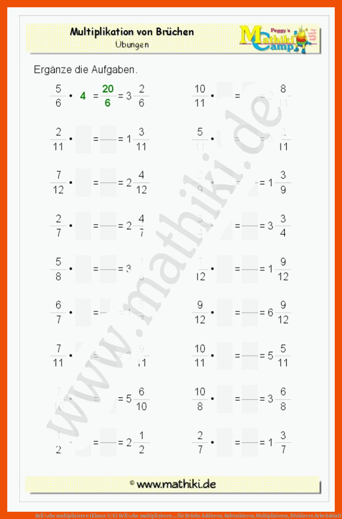 BrÃ¼che multiplizieren (Klasse 5/6) | BrÃ¼che multiplizieren ... für brüche addieren, subtrahieren, multiplizieren, dividieren arbeitsblatt