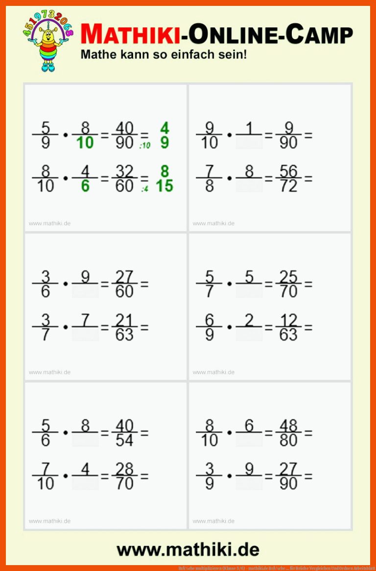 BrÃ¼che Multiplizieren (klasse 5/6) - Mathiki.de BrÃ¼che ... Fuer Brüche Vergleichen Und ordnen Arbeitsblatt