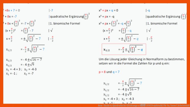 Buss-haskert/quadratische Gleichungen â Zum Projektwiki Fuer Pq-formel Arbeitsblatt