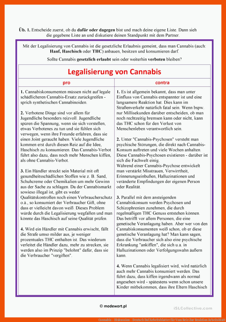 Cannabis - Diskussion - Deutsch Daf Arbeitsblatter für vom reiz zur reaktion arbeitsblatt