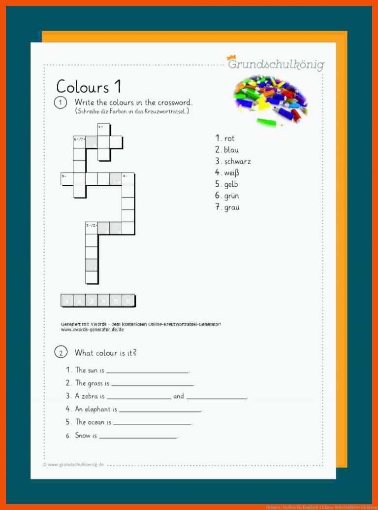 Colours / Farben für englisch 3 klasse arbeitsblätter kleidung