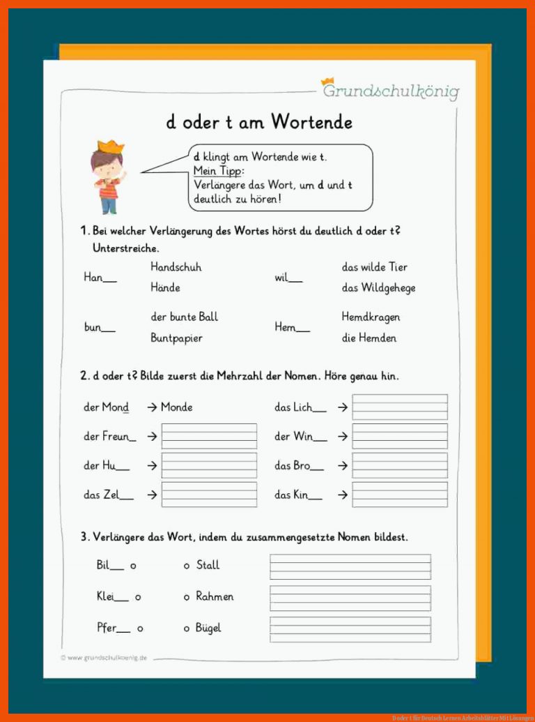 D oder t für deutsch lernen arbeitsblätter mit lösungen