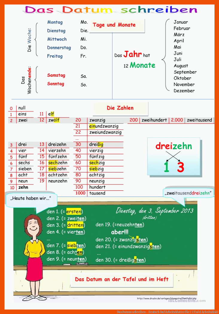 Das Datum schreiben - Deutsch Daf Arbeitsblatter für 1 1 tafel arbeitsblatt