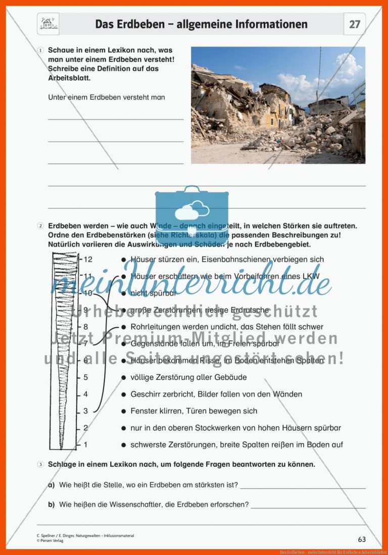 Das Erdbeben - meinUnterricht für erdbeben arbeitsblätter