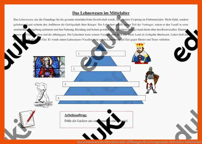 Das Lehnswesen im Mittelalter inkl. LÃ¶sungen für lehnspyramide mittelalter arbeitsblatt