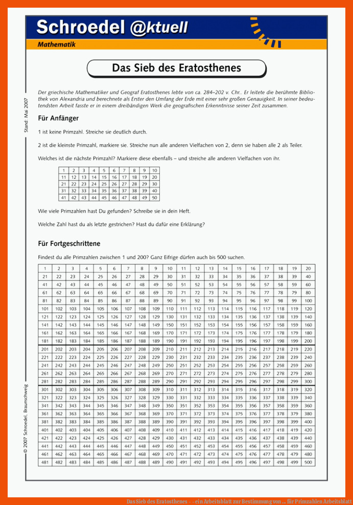 Das Sieb des Eratosthenes - - ein Arbeitsblatt zur Bestimmung von ... für primzahlen arbeitsblatt