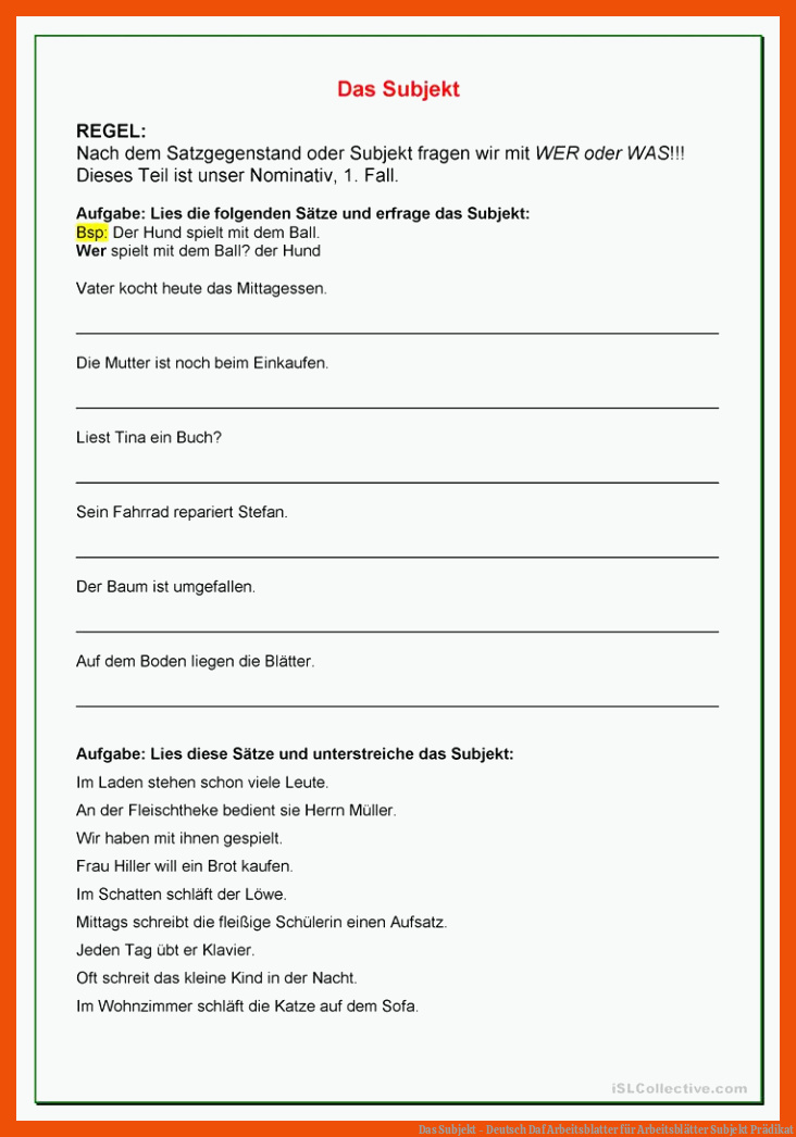 Das Subjekt - Deutsch Daf Arbeitsblatter für arbeitsblätter subjekt prädikat