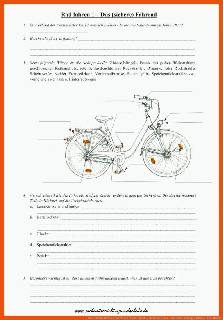 Das verkehrssichere Fahrrad Sachunterricht | Verkehrssicheres ... für links abbiegen fahrrad arbeitsblatt