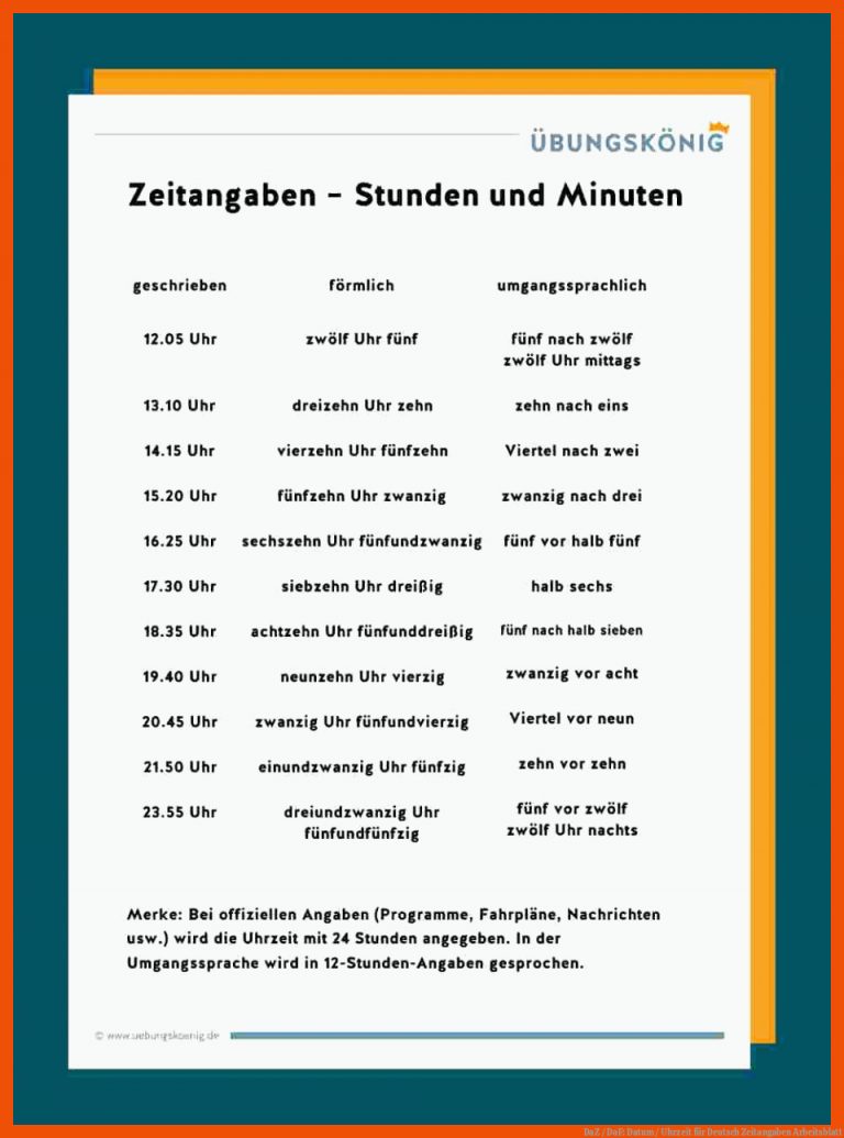 DaZ / DaF: Datum / Uhrzeit für deutsch zeitangaben arbeitsblatt