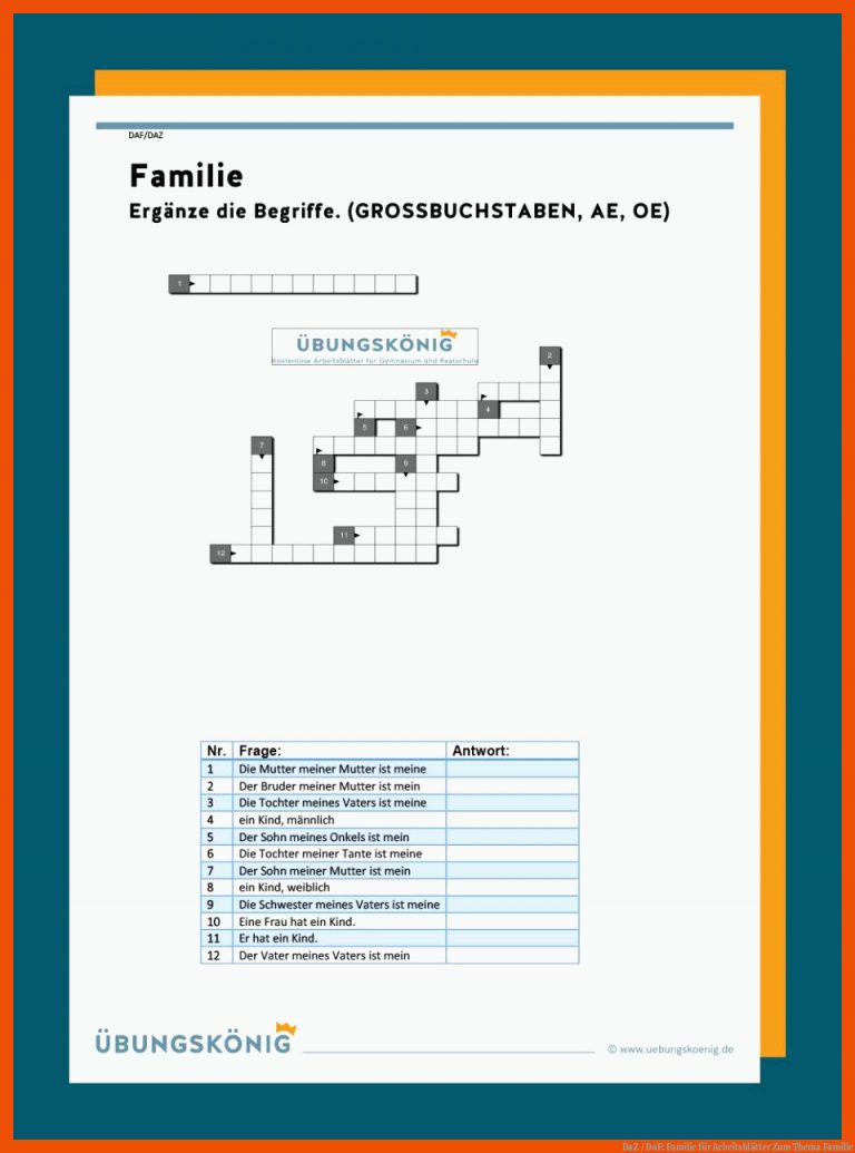 DaZ / DaF: Familie für arbeitsblätter zum thema familie