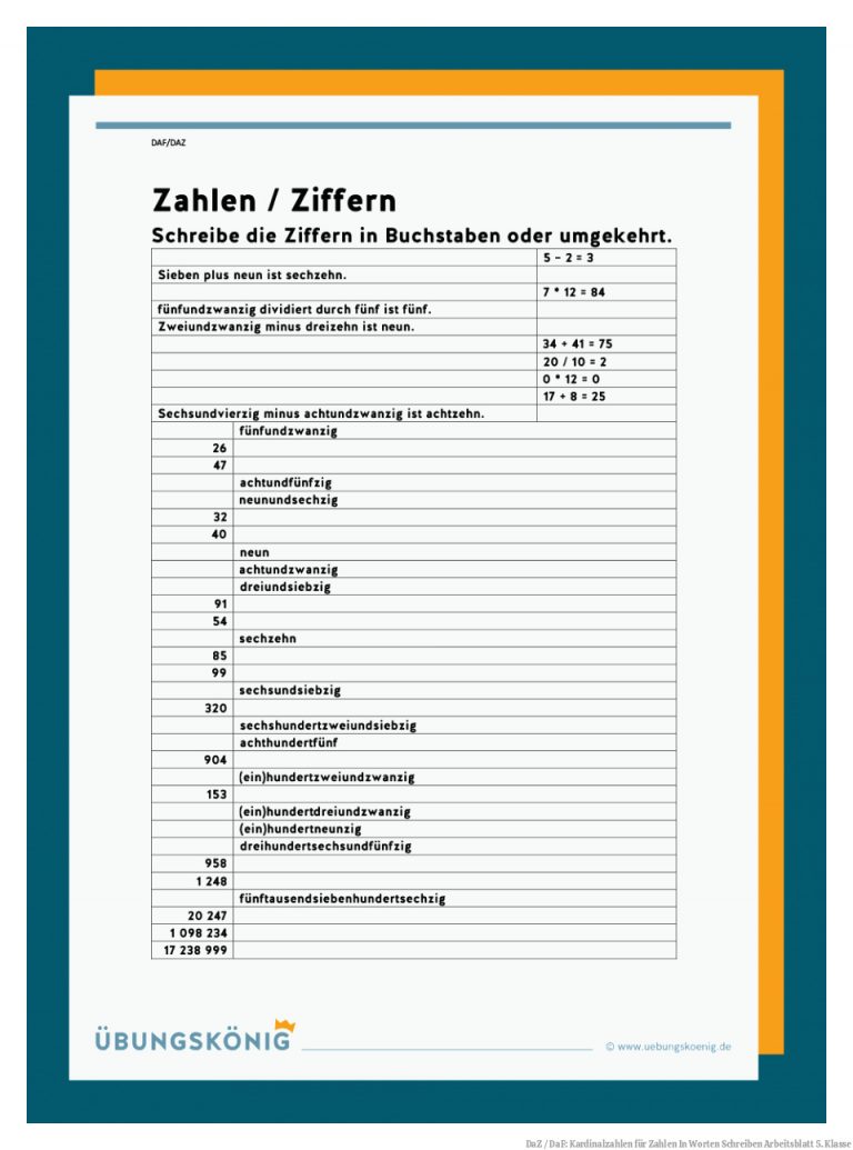DaZ / DaF: Kardinalzahlen für Zahlen In Worten Schreiben Arbeitsblatt 5. Klasse