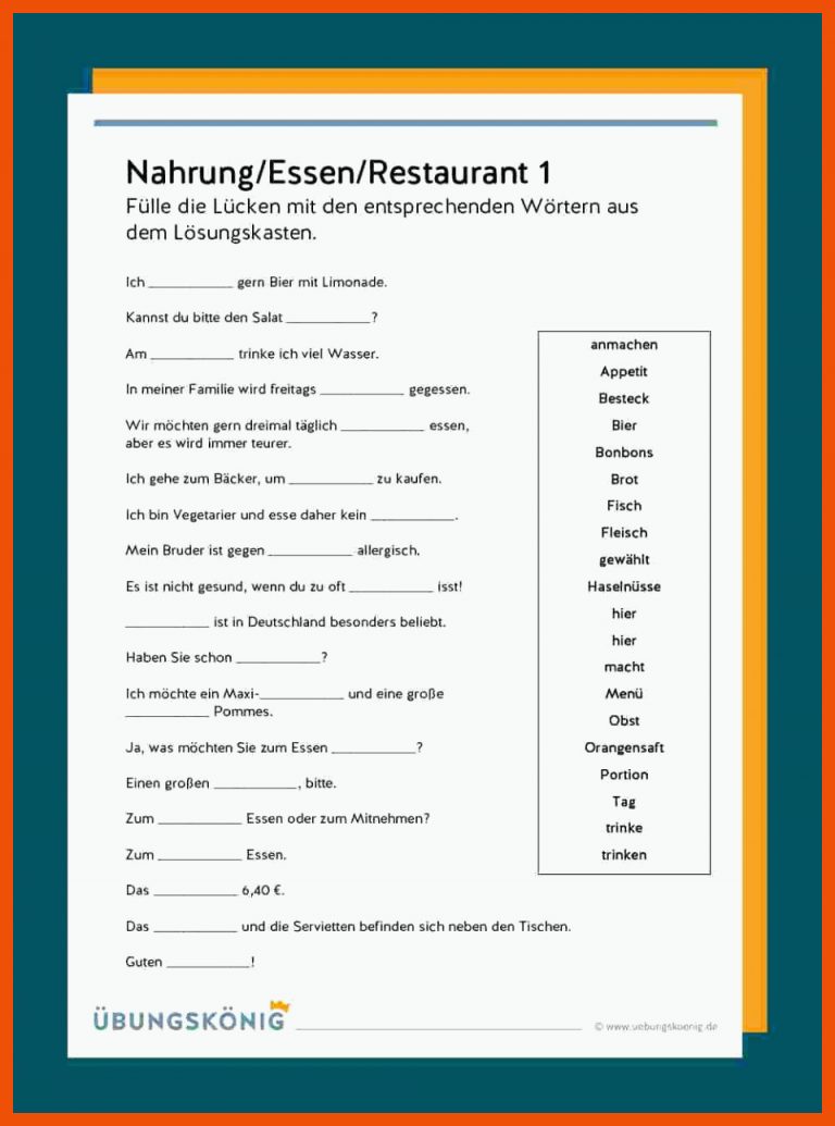 Daz / Daf: Nahrung, Essen, Restaurant Fuer Deutsch Für Ausländer Arbeitsblätter Pdf