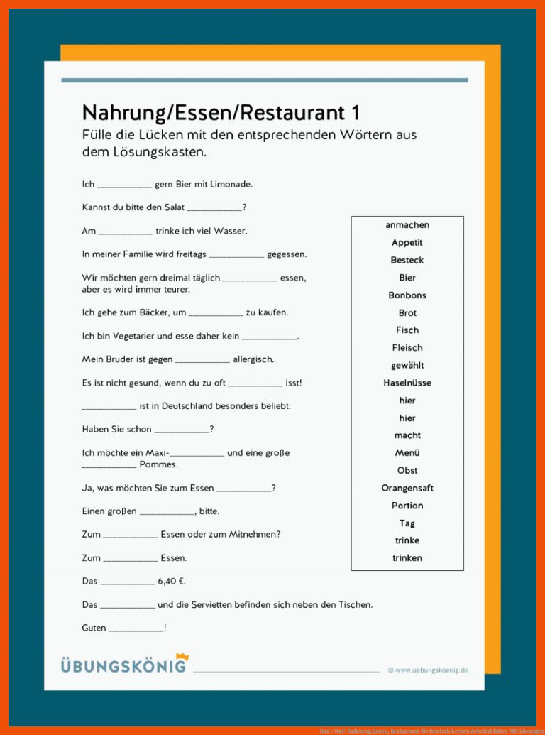 DaZ / DaF: Nahrung, Essen, Restaurant für deutsch lernen arbeitsblätter mit lösungen