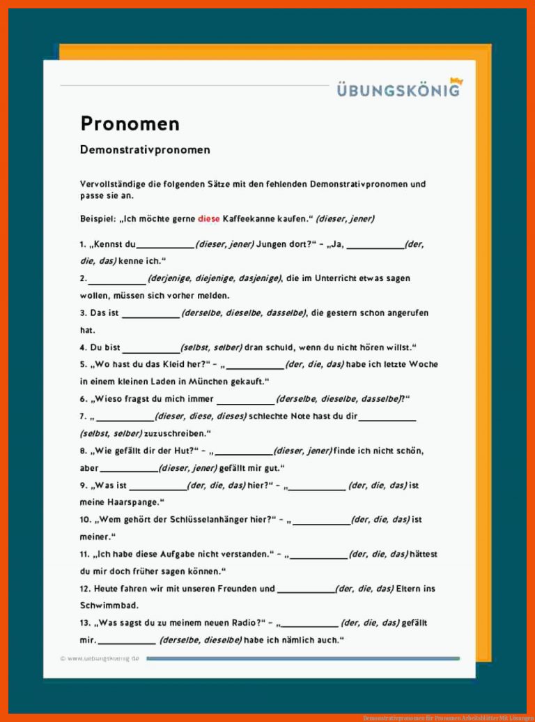 Demonstrativpronomen für pronomen arbeitsblätter mit lösungen