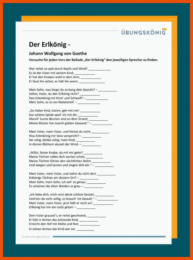 Der ErlkÃ¶nig - Johann Wolfgang von Goethe für balladen arbeitsblätter kostenlos
