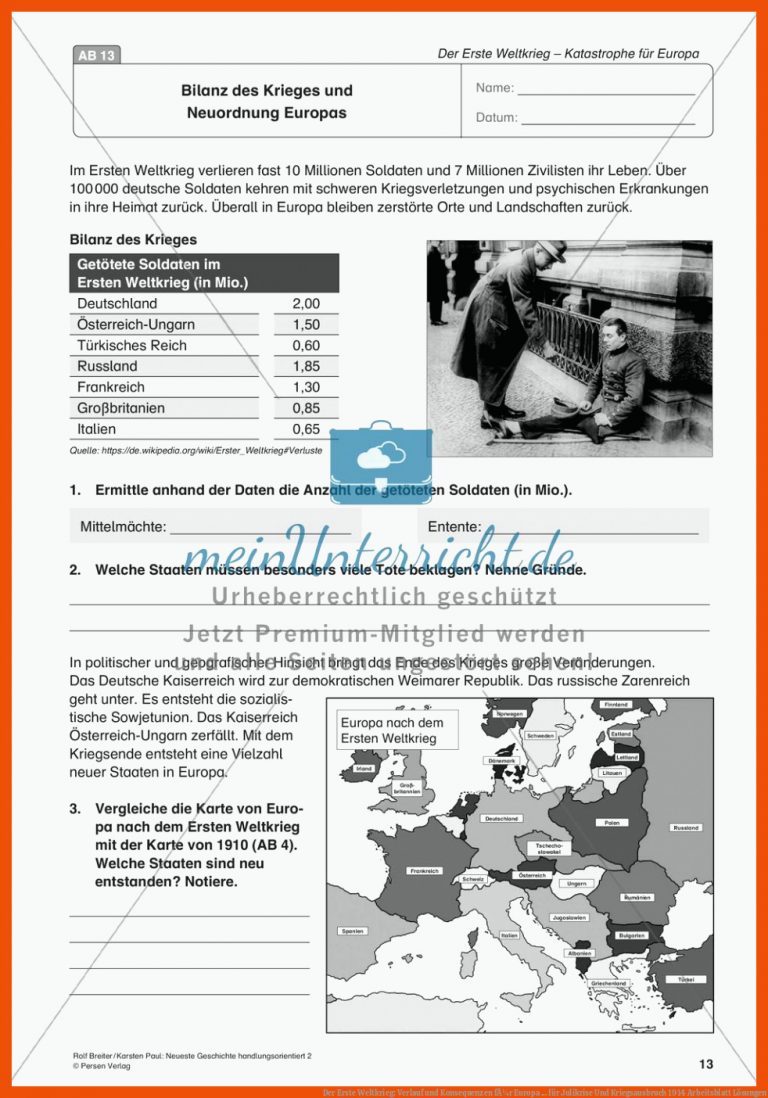 Der Erste Weltkrieg: Verlauf und Konsequenzen fÃ¼r Europa ... für julikrise und kriegsausbruch 1914 arbeitsblatt lösungen