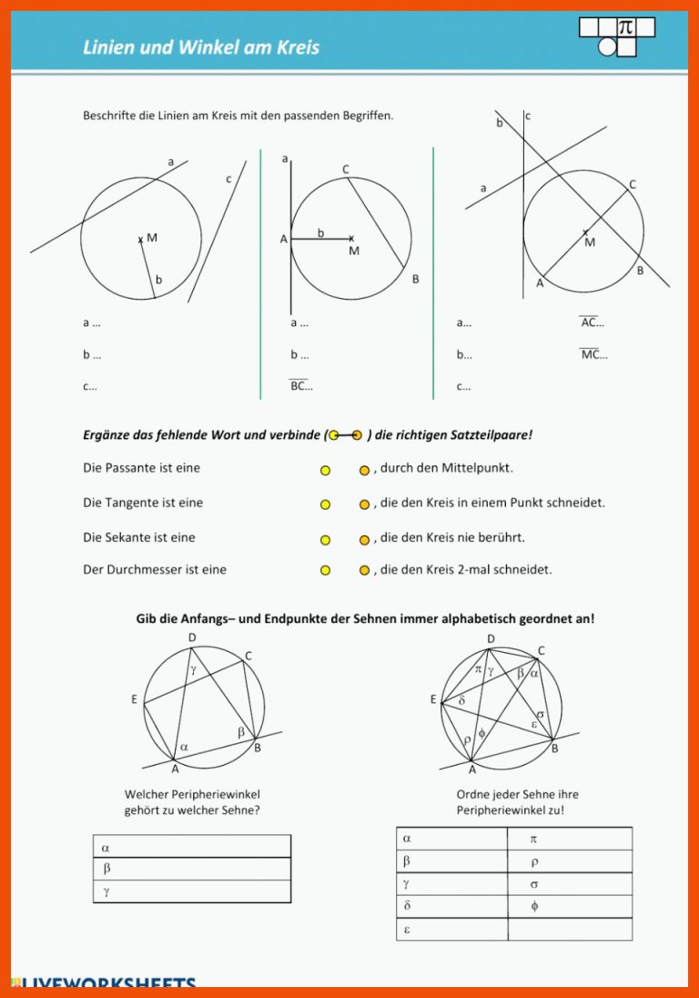 Der Kreis â Linien am Kreis â mathe-lernen.net für geraden am kreis arbeitsblatt