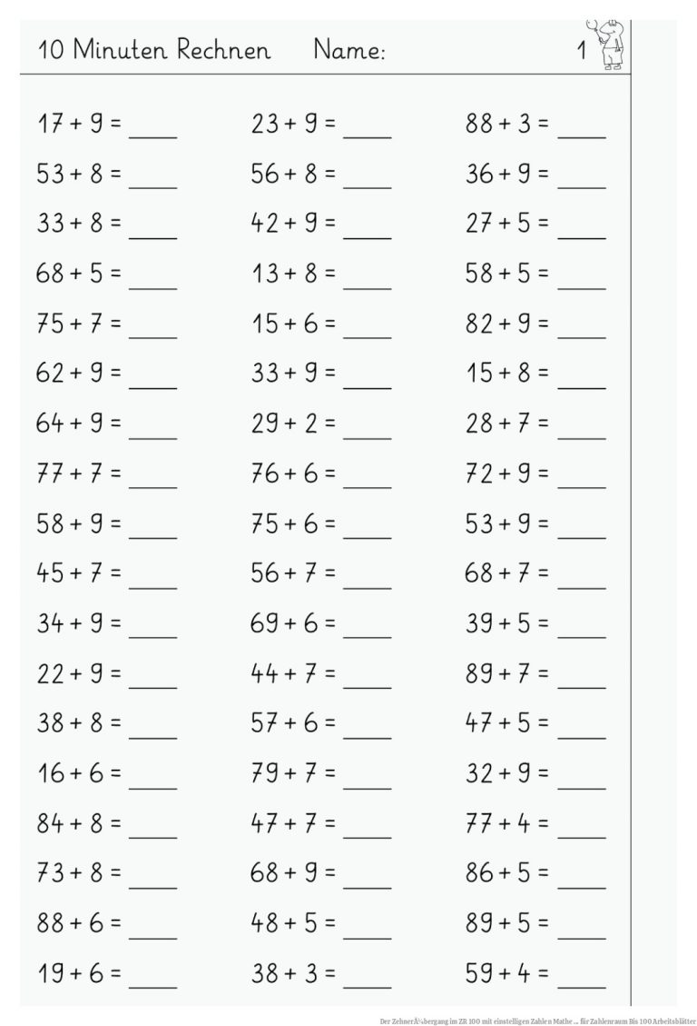 Der ZehnerÃ¼bergang im ZR 100 mit einstelligen Zahlen | Mathe ... für Zahlenraum Bis 100 Arbeitsblätter