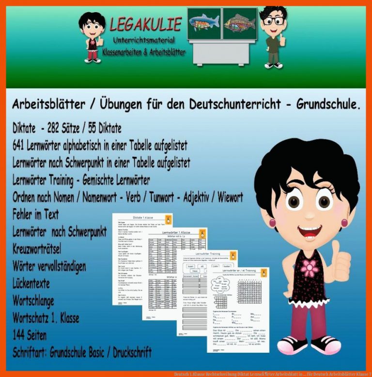 Deutsch 1.Klasse Rechtschreibung Diktat LernwÃ¶rter Arbeitsblatt in ... für deutsch arbeitsblätter klasse 7