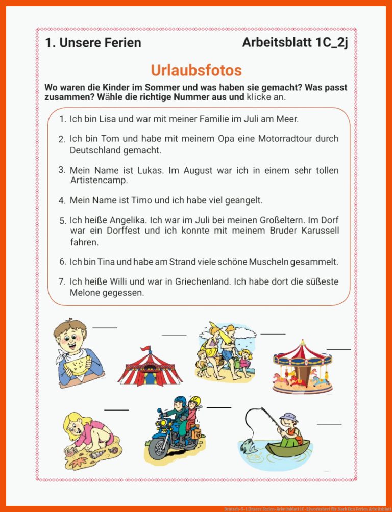 Deutsch-5-1.Unsere Ferien-Arbeitsblatt 1C-2j worksheet für nach den ferien arbeitsblatt