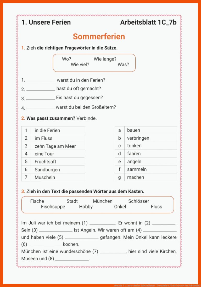 Deutsch-5-1.Unsere Ferien-Arbeitsblatt 1C-7b worksheet für nach den ferien arbeitsblatt