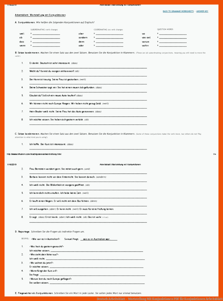 Deutsch Arbeitsblatt - Wortstellung Mit Konjunktionen | PDF für konjunktionen arbeitsblatt