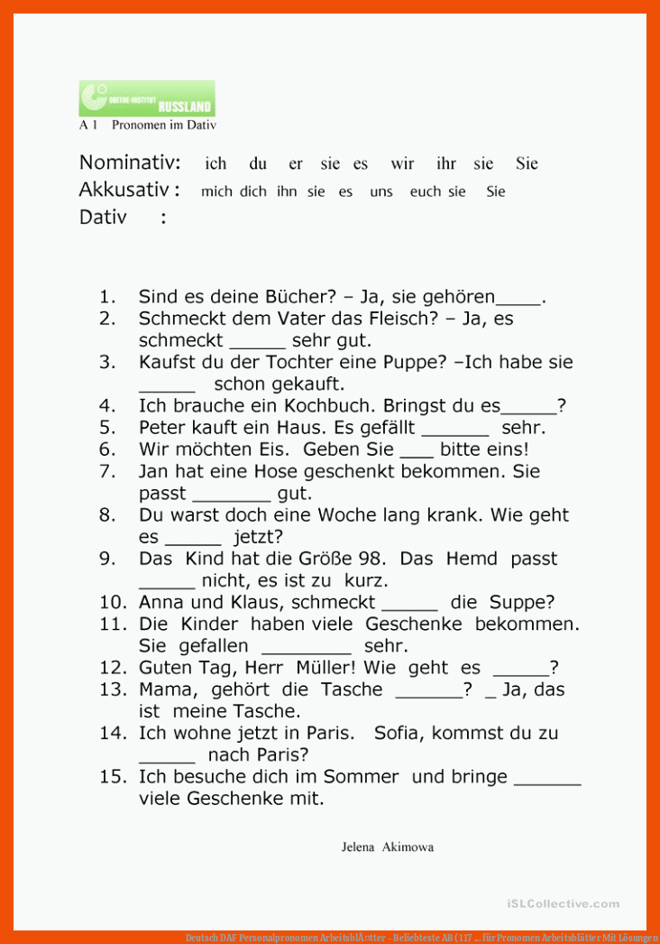Deutsch DAF Personalpronomen ArbeitsblÃ¤tter - Beliebteste AB (117 ... für pronomen arbeitsblätter mit lösungen