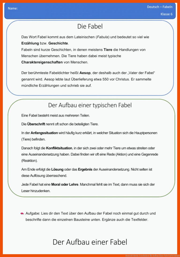 Deutsch Fabeln 3 worksheet für aufbau einer fabel arbeitsblatt
