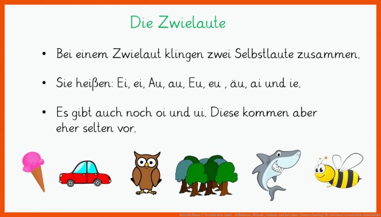 Deutsch Klasse 1: Verschiedene Laute - Selbstlaute, Mitlaute, Umlaute Und Zwielaute (homeschooling) Fuer Zwielaute Grundschule Arbeitsblatt