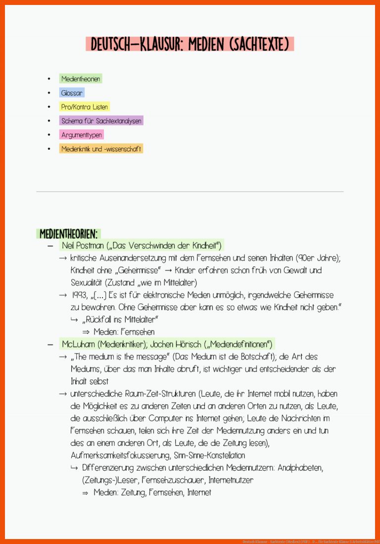 Deutsch Klausur - Sachtexte (Medien) (PDF) - D ... für sachtexte klasse 5 arbeitsblätter pdf