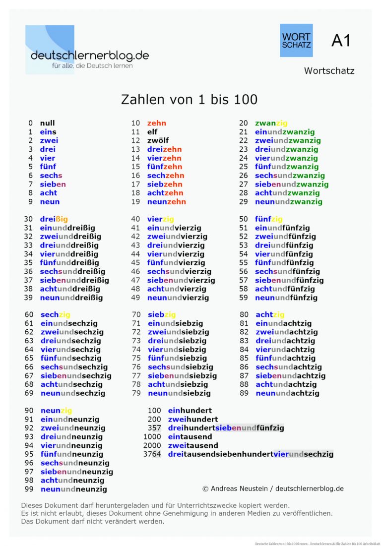 Deutsche Zahlen von 1 bis 100 lernen - Deutsch lernen A1 für Zahlen Bis 100 Arbeitsblatt