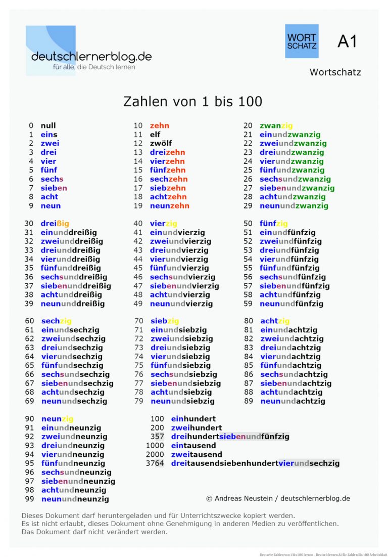 Deutsche Zahlen Von 1 Bis 100 Lernen - Deutsch Lernen A1 Fuer Zahlen Bis 100 Arbeitsblatt