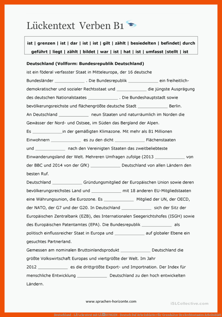 Deutschland - LÃ¼ckentext mit LÃSUNGEN - Deutsch Daf Arbeitsblatter für grundsätze des rechtsstaates arbeitsblatt