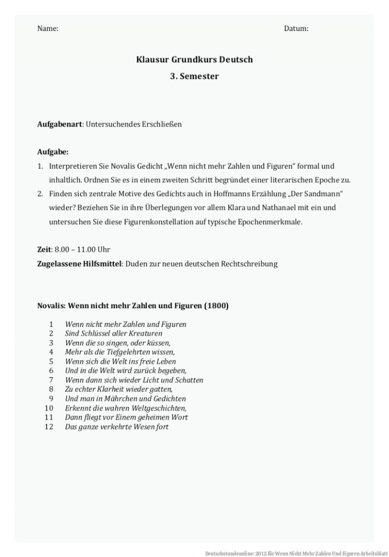 Deutschstundeonline: 2012 Fuer Wenn Nicht Mehr Zahlen Und Figuren Arbeitsblatt
