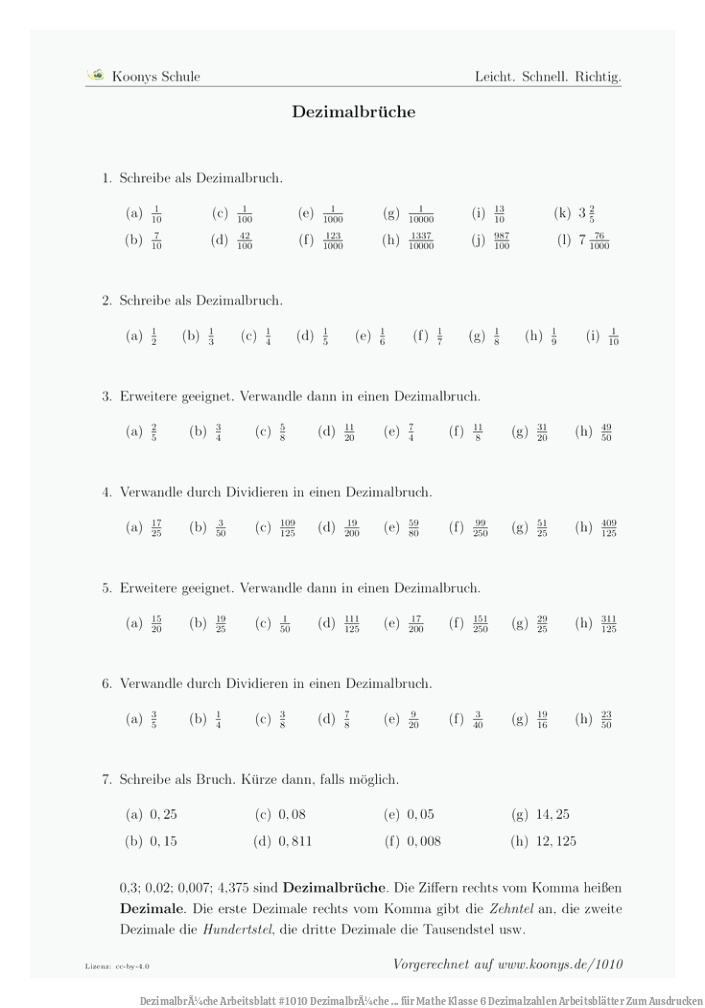 DezimalbrÃ¼che | Arbeitsblatt #1010 | DezimalbrÃ¼che ... für Mathe Klasse 6 Dezimalzahlen Arbeitsblätter Zum Ausdrucken