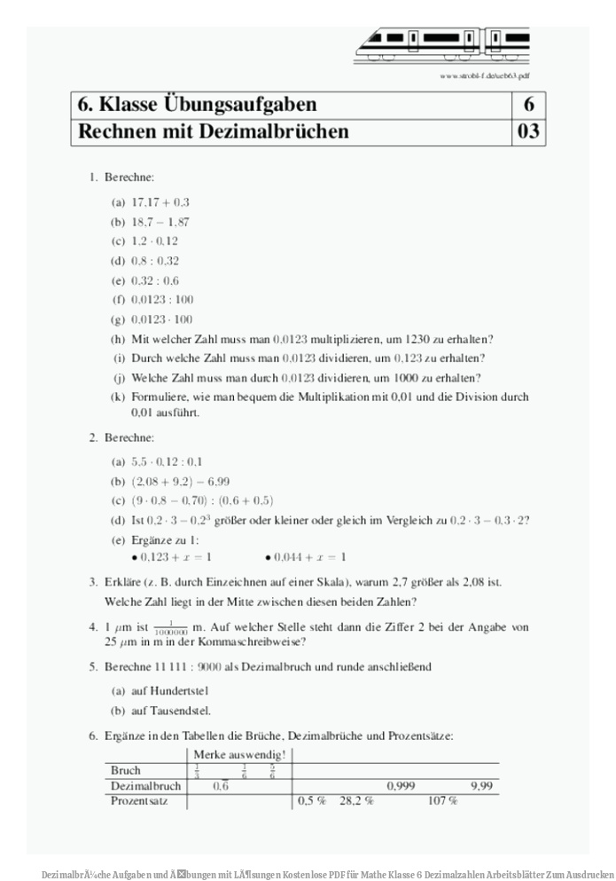 DezimalbrÃ¼che Aufgaben und Ãbungen mit LÃ¶sungen | Kostenlose PDF für Mathe Klasse 6 Dezimalzahlen Arbeitsblätter Zum Ausdrucken