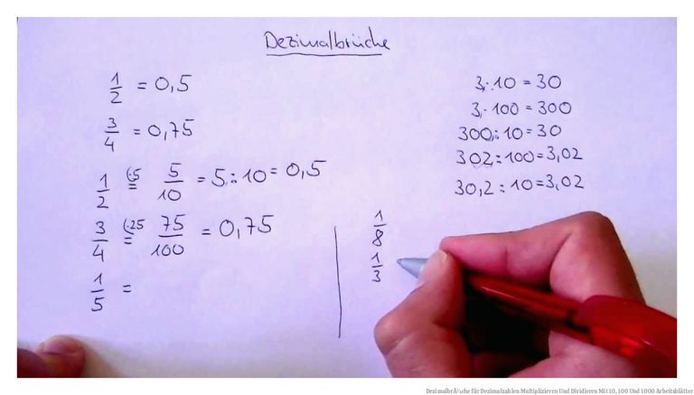 DezimalbrÃ¼che für Dezimalzahlen Multiplizieren Und Dividieren Mit 10, 100 Und 1000 Arbeitsblätter