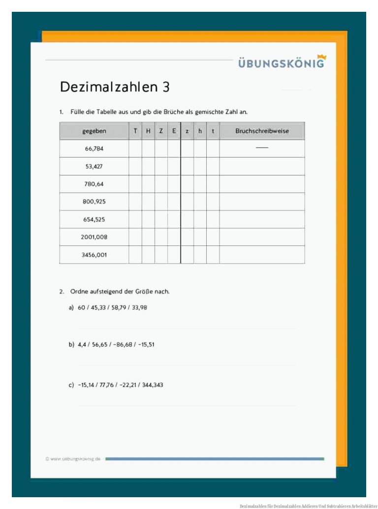 Dezimalzahlen Fuer Dezimalzahlen Addieren Und Subtrahieren Arbeitsblätter