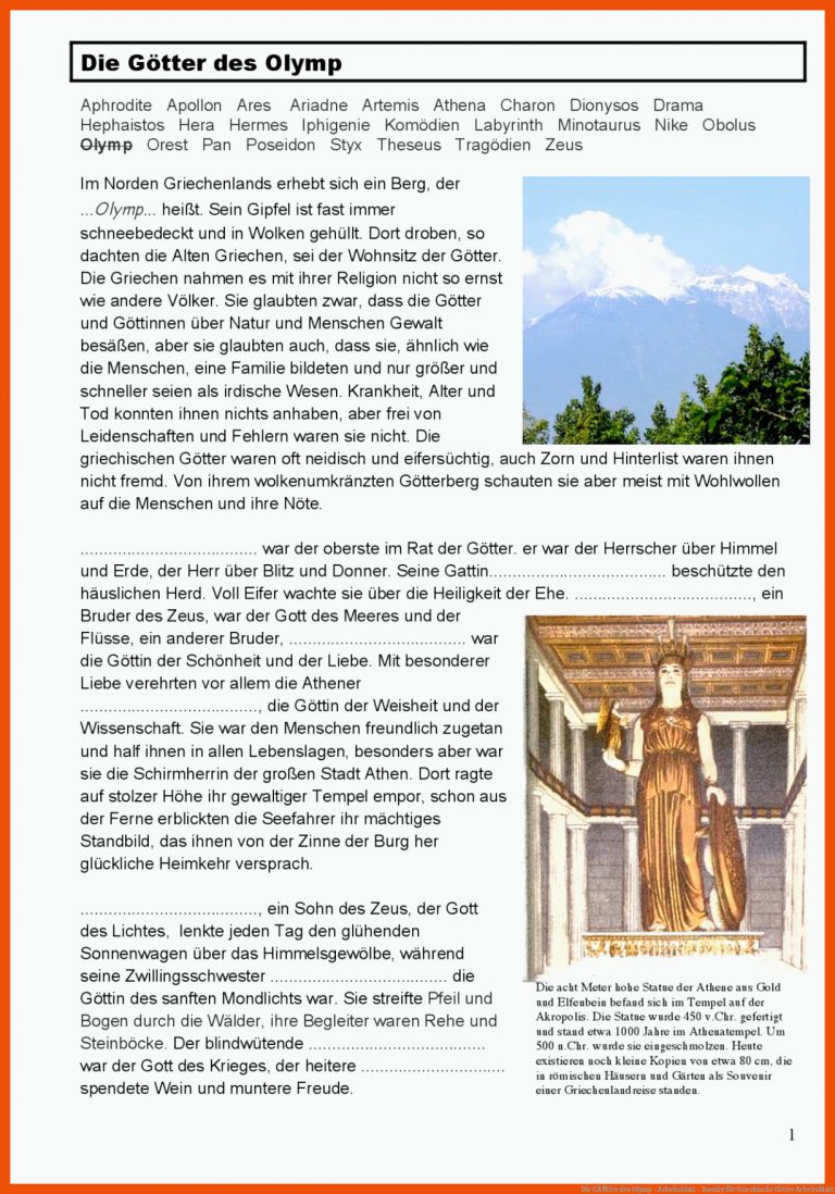 Die GÃ¶tter des Olymp - Arbeitsblatt - Docsity für griechische götter arbeitsblatt