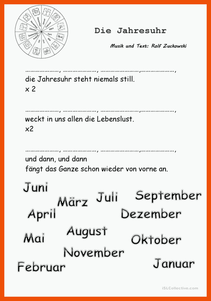 Die Jahresuhr Lied - Deutsch Daf Arbeitsblatter für die jahresuhr text arbeitsblatt