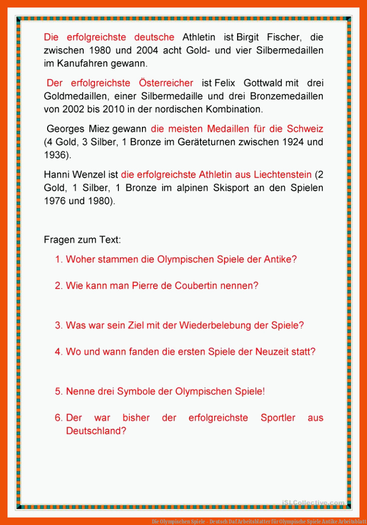Die Olympischen Spiele - Deutsch Daf Arbeitsblatter für olympische spiele antike arbeitsblatt