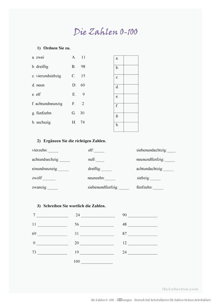 Die Zahlen 0-100 - Ãbungen - Deutsch Daf Arbeitsblatter für Zahlen ordnen Arbeitsblatt