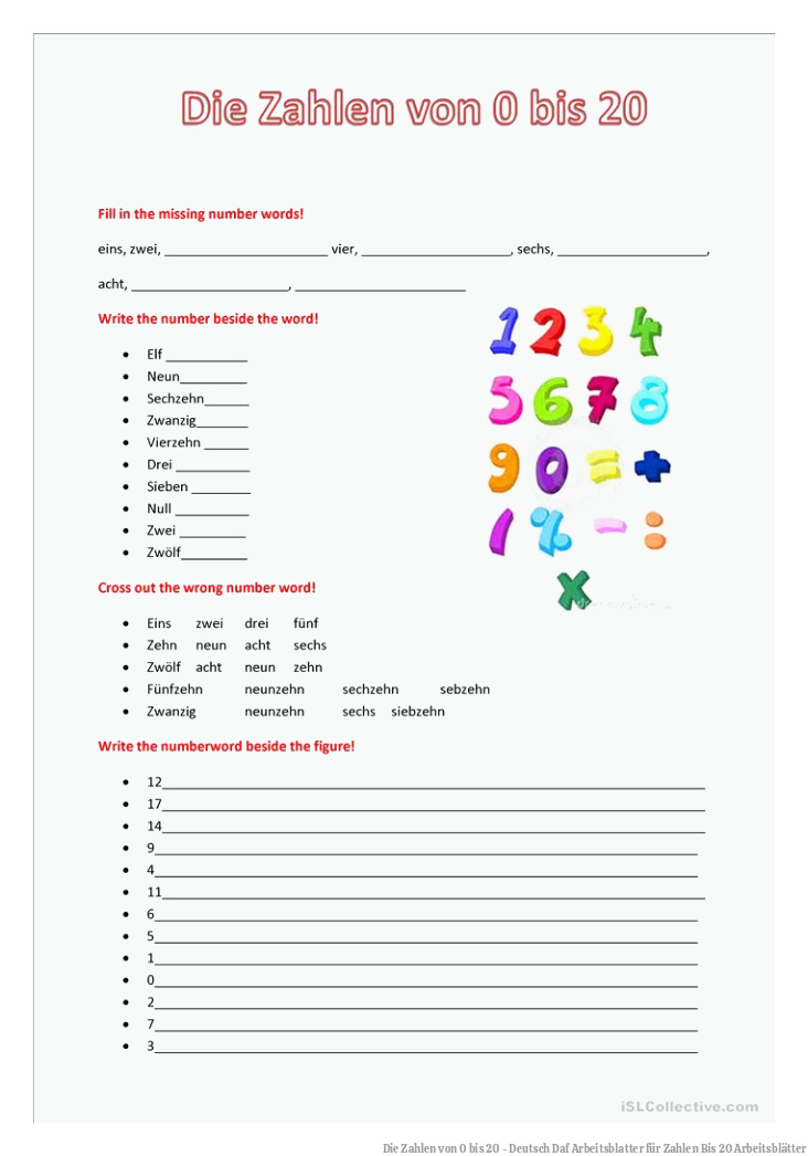 Die Zahlen von 0 bis 20 - Deutsch Daf Arbeitsblatter für Zahlen Bis 20 Arbeitsblätter