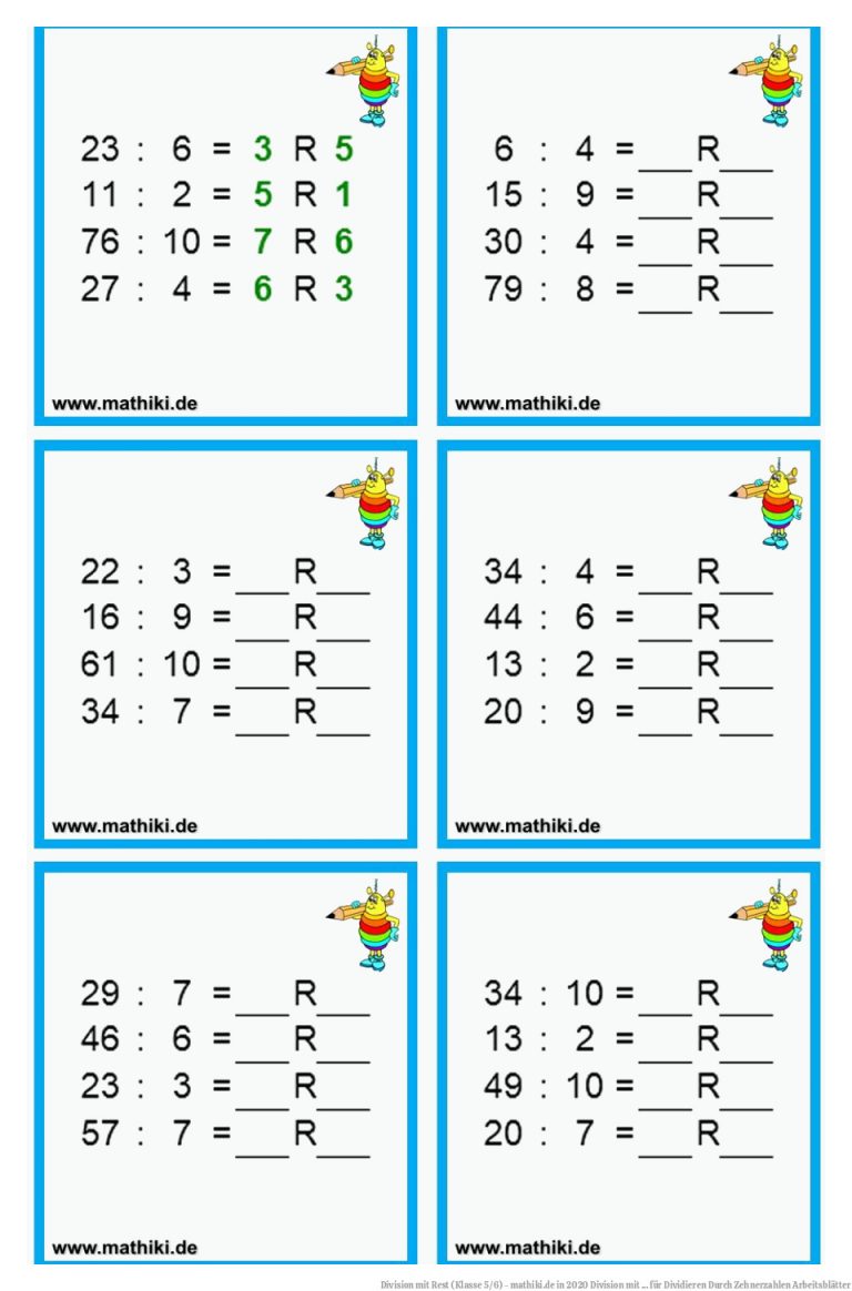 Division mit Rest (Klasse 5/6) - mathiki.de in 2020 | Division mit ... für Dividieren Durch Zehnerzahlen Arbeitsblätter