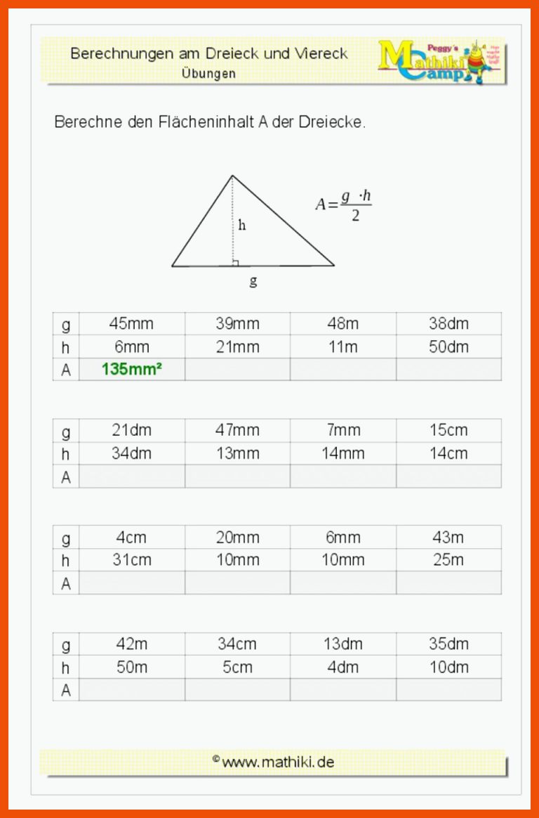 Dreieck: FlÃ¤cheninhalt (Klasse 7/8) - kostenloses Arbeitsblatt mit ... für mathe arbeitsblätter klasse 8