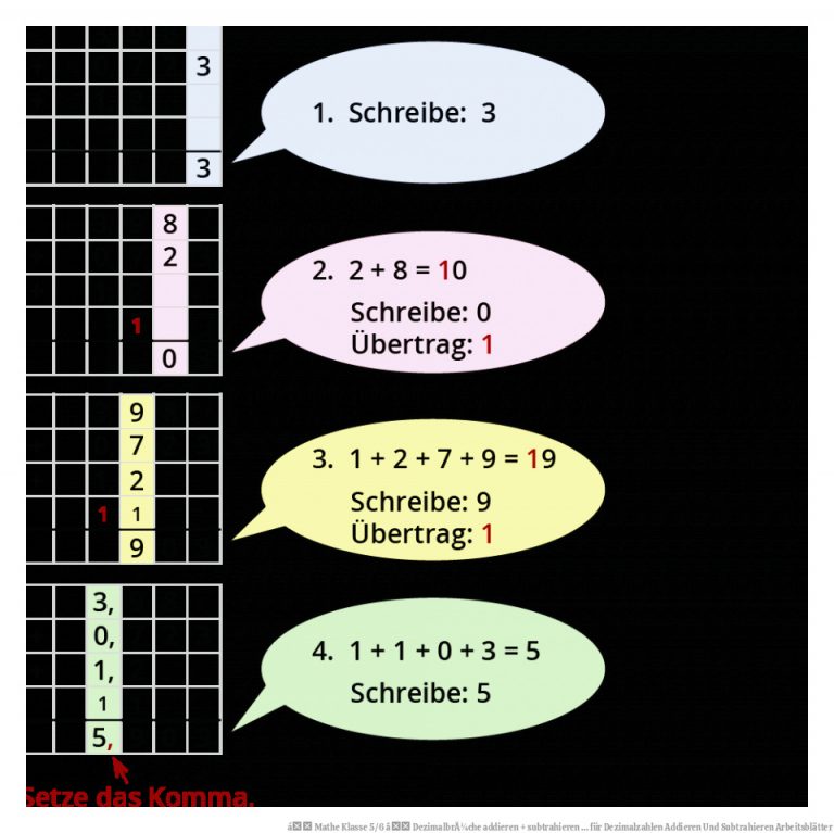 á Mathe Klasse 5/6 â DezimalbrÃ¼che Addieren   Subtrahieren ... Fuer Dezimalzahlen Addieren Und Subtrahieren Arbeitsblätter