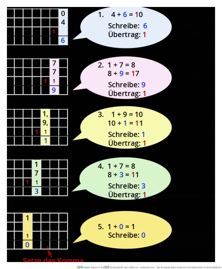 á Mathe Klasse 5/6 â DezimalbrÃ¼che Addieren   Subtrahieren ... Fuer Dezimalzahlen Addieren Und Subtrahieren Arbeitsblätter