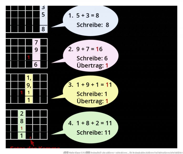 á Mathe Klasse 5/6 â DezimalbrÃ¼che addieren + subtrahieren ... für Dezimalzahlen Addieren Und Subtrahieren Arbeitsblätter